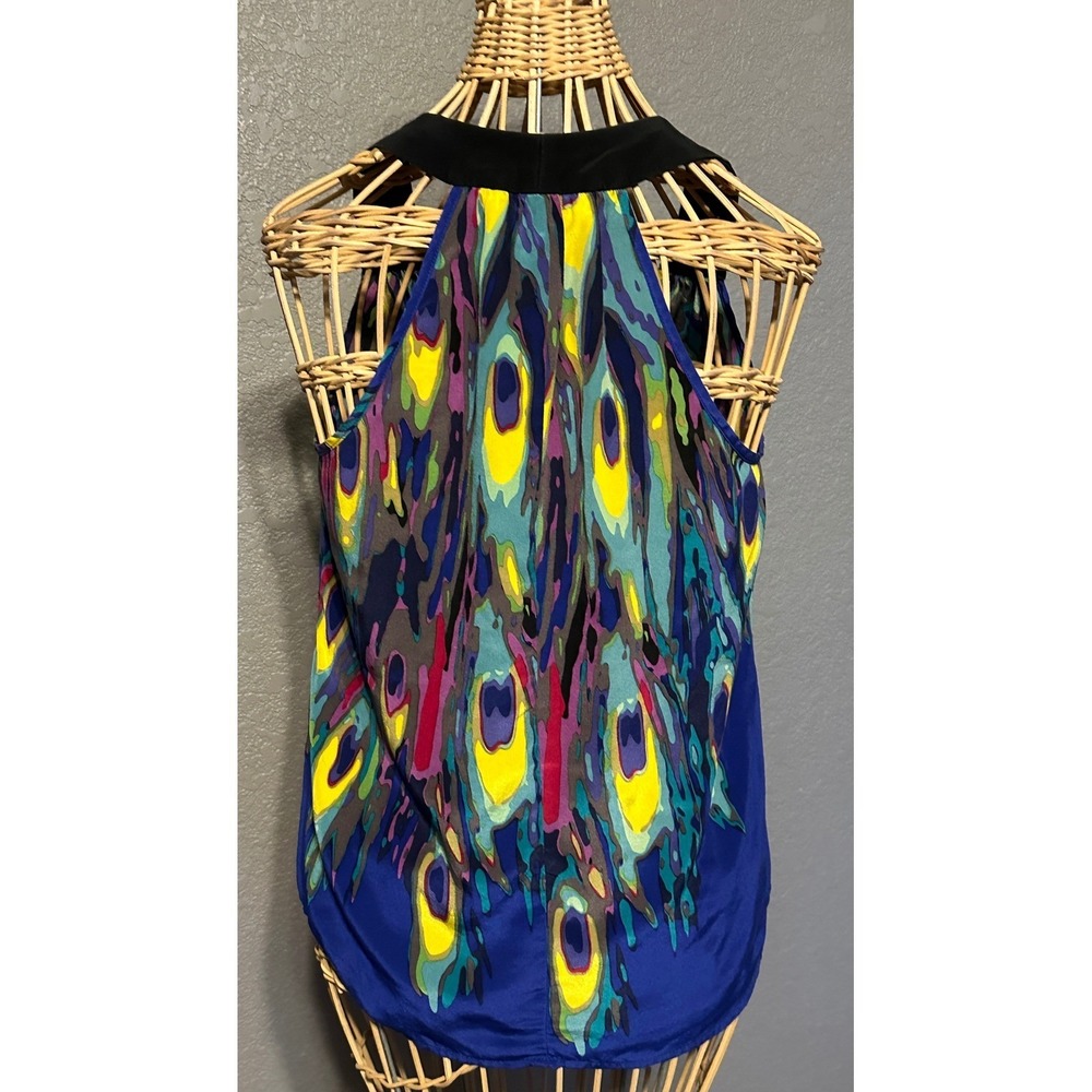 Trina Turk Silk Halter Top Blue Peacock Print V-Neck Women S Whimsigoth - Picture 10 of 15